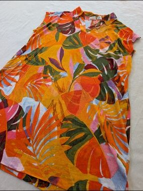 C&C California Vibrant Tropical Leaf Shift Dress Linen Lyocell Large